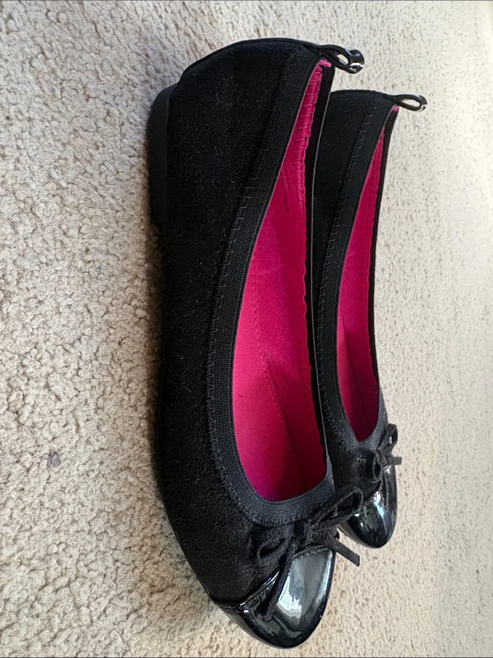 Black Kids Ballet Flats with Patent Toe and Pink Insole